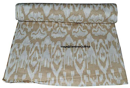 Ikat Voile-Handblock-Stoff für florales Ekat-Druck, Baumwolle, Nähen, Basteln, Schneidern, Laufen, natürliche Farbe, Sanganeri, indischer Blumendruckstoff, Meterware, Breite 111,8 cm, Beige, 4,5 m