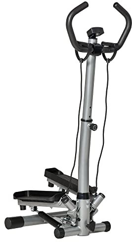HOMCOM Stepper con Manubrio Regolabile, Impugnature Antiscivolo ed Elastici, Step Fitness con Monitor LCD per Casa e Palestra, Nero e Argento