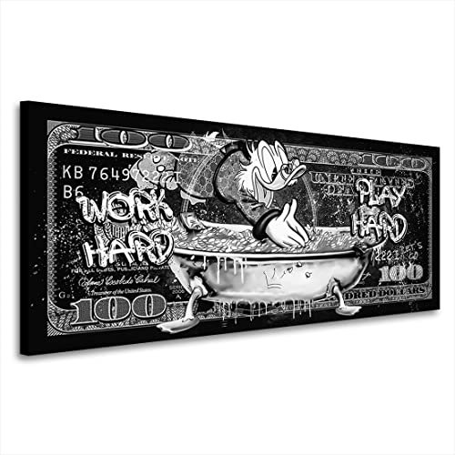 Kunstgestalten24 Leinwandbild Dagobert Duck Dollar Motivations Pop Art Bild Work Hard Black and White Wandbild Kunstdruck