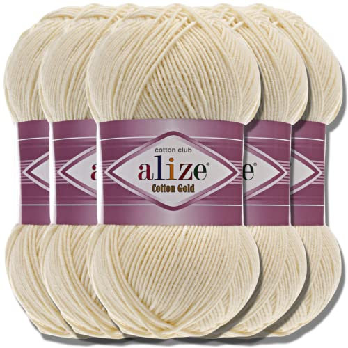 Alize 5 x 100g Cotton Gold Türkische Premium Wolle Baumwolle und Acryl Handstrickgarne | Garn | Yarn | Babywolle Strickgarn Akzente Accessoire Baby zum Häkeln Stricken Kleidung Schals (Cream | 1)