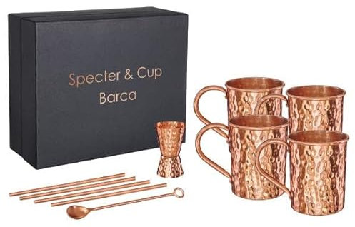 Specter Kupferbecher Barca 4er Set 500ml mit Zubehör, 100% reines Kupfer, Cocktailbecher, Barset