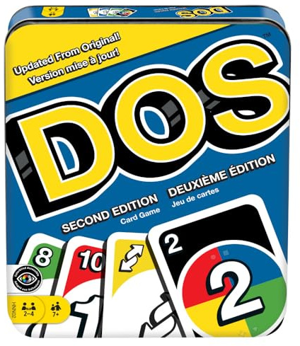 Mattel Games DOS Second Edition Family Card Game in Storage Tin with Updated Rules for Kids and Adults, Game Night, Travel, Camping and Party, UNO Cards