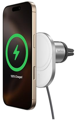 Belkin MagSafe-Compatible Wireless Car Charger 15W, Fast Charging Wireless Charger - Powerful Magnetic Vent Holder for iPhone 17, 16, 15, 14, 13 Series, Pixel 10, Secure Car Phone Mount - White