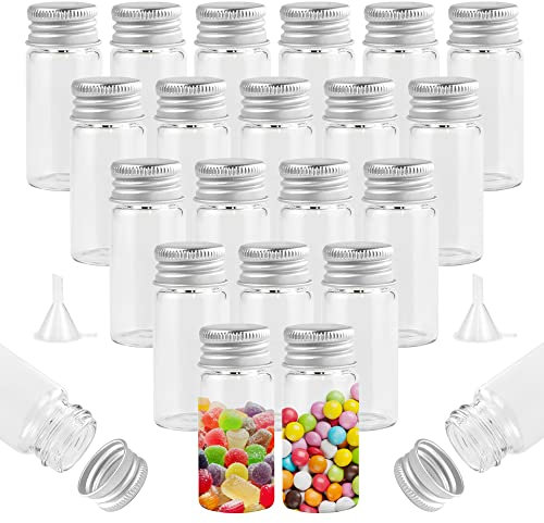 REFORUNG 45Pcs Petite Bouteille en Verre 10ml Petite Fiole en Verre avec Bouchon avec Vis en Aluminium Tube a Essai Verre Contenant Dragées Verre Set pour Les Mariages, Fête, Épices et Confitures