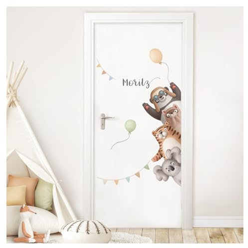 DEKO KINDERZIMMER Türaufkleber Tiere mit Name Wandsticker Kinderzimmer Tür Sticker Dschungel Wandtattoo für Babyzimmer Wandaufkleber selbstklebend DK1121-04