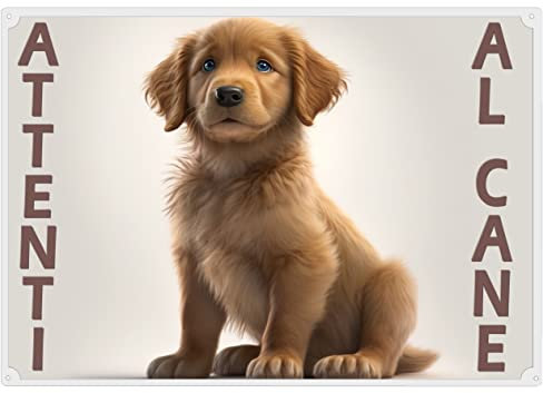 Targa da cancello ATTENTI al Cane (Golden Retriever Buffo) Cartello in plastica Laminata cm.22x31 Adatto a cancelli e portoni Non teme Le intemperie