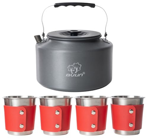 Bulin Camping Wasserkessel Größer Kaffeekanne Wasserkocher 2-3 Personen Kochen Leicht Faltbar Dauerhaft Alu Wasserkocher Teekanne Tragetasche (2.2L-4 Becher Rot)