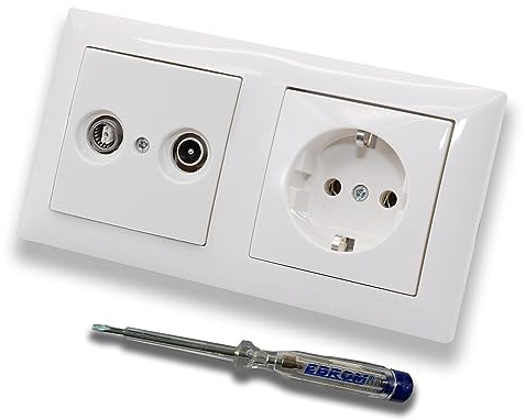 Busch Jäger SET: 2-Loch Durchgangsdose, Frequenzbereich 5-2400 MHz, Radio/TV/SAT-Kompatibilität inkl BalanceSi alpinweiß 2fach Rahmen + Steckdose 20EUC-914 + EBROM Phasenprüfer zur Montage der Geräte