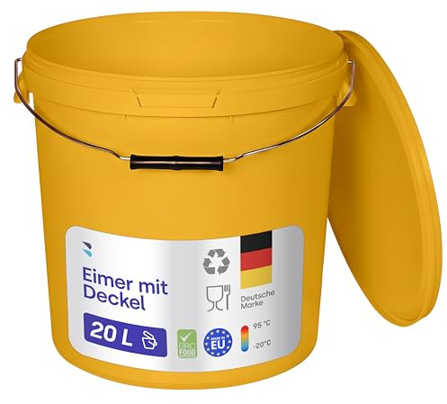 BenBow - Eimer mit Deckel gelb 1x 20 Liter - lebensmittelecht stabil luftdicht auslaufsicher geruchsneutral - Aufbewahrungsbehälter aus Kunststoff - Metalgriff - Rissfester Griff, leer - zur Hause