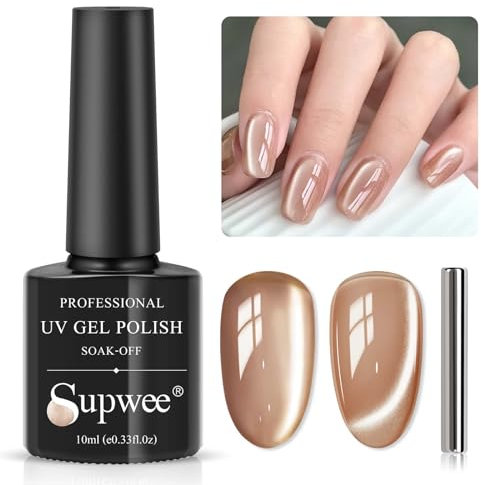 SUPWEE Cat Eye Gel Nail Polish Moonlight Gloss Smoothies Glitter 1PC Brown Magnetic Gel Soak Off Holographic Cat Eye UV for Nail Art Manicure Salon DIY at Home 10ML