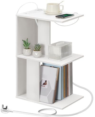 MAHANCRIS End Table with Charging Station, Narrow Side Table for Small Spaces with USB Ports and Outlets, Bedside Nightstand with Light for Living Room, White AETWT18KE01