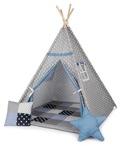 Paco Home Kinderzelt Tipi Zelt für Kinderzimmer Spielzimmer Innen Indoor Robust Stabil Wigwam versch. Muster, Farbe:Blau, Sets:Mit Zubehör