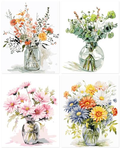 TARATH Pack de 4 Peinture par Nombre Adultes, Peinture par Numéros Peinture par Chiffres Fleur Avec Pinceaux Pigment Acrylique pour Décoration Intérieure d'Art, 40 x 50 cm (Sans Cadre)