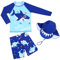 AIWUHE Schwimmshirt Kinder Uv-Schutz Bade-Set zweiteilig Schwimmshirt Badehose Langarm Haifisch-Muster T-Shirt mit Badekappe Blauer Hai 110
