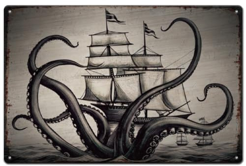 SUPERDANT Blechschild Octopus Segelboot Blechschilder Octopus Das Segelboot Metallschild Deko Kunstschild Metallschilder Für Bars Spielzimmer Männerhöhle Wanddekoration Plakettenschild
