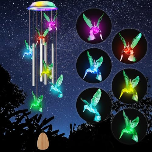 Qoosea Solar Windspiele für Draußen, Kolibri Solarlampen für Außen Hängend Farbwechsel Windspiel Garten, Wasserdicht Solar Gartenleuchten für Garten Baum Balkon Hof Hochzeit Dekorationen