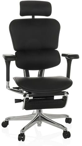 hjh OFFICE Leder Chefsessel mit Fußablage ERGOHUMAN Plus LEGPRO GEN2 Originales Design, 24h Einsatz Bürosessel mit Vollausstattung ergonomisch, Schwarz