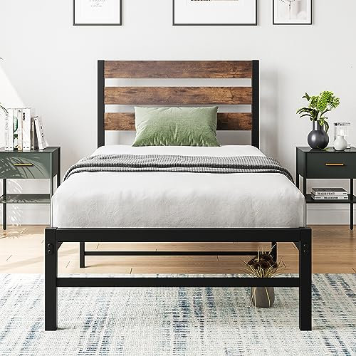 BORPHOM 3ft Single Bed Frames with Wood Headboard,Heavy Duty Platform Bed Frame No Box Spring Needed,Farmhouse beds Steel Slats Mattress Foundation Sturdy Square Pipe Design