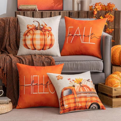 Slozzi 4er Set Herbst Drucke Kissenbezug Dekorative Kissen Kürbis Auto Kissenhülle Sofakissen Zierkissen Geometrische Weich Dekokissen für Sofa Schlafzimmer Wohnzimmer 45x45 cm Orange Kürbis