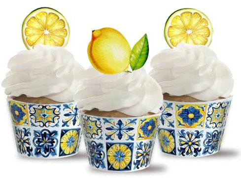 Cupcake-Förmchen mit blauen Fliesen und Zitronen, mediterrane Fliesen, 24 Zitronen-Cupcake-Aufsätze + Cupcake-Förmchen