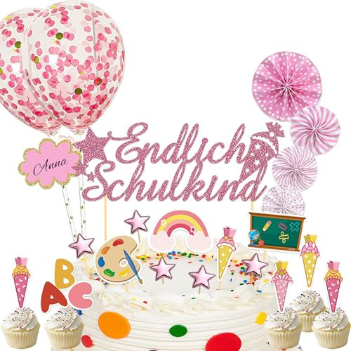 25 Stück Schulanfang Tortendeko, Tortendeko Einschulung, Einschulung Deko Kuchen Papierfächer für Junge und Mädchen Schulanfang Party Dekoration (Rosa)