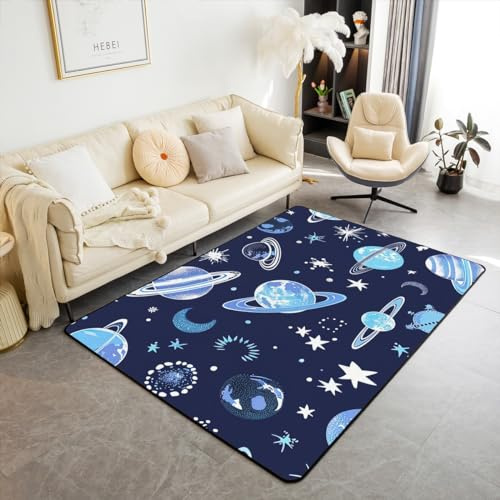 Homewish Weltraumteppich 100Bx150L Universum Sterne Mond Druckbereich Teppich Planet Weltraum Thema Innenbodenmatte Kosmos Blau Dekorativer Teppich für Jungen Mädchen Kinder Teens Zuhause Dekorativ