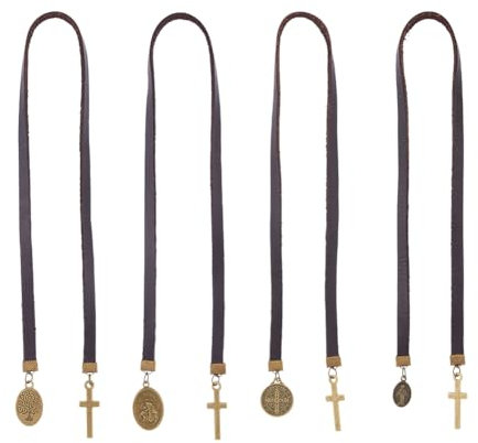 Hobbspring 4 Stück Leder Lesezeichen Mit Medaillon Anhänger 50cm Retro Metall Charme Bibel Lesezeiche Kreuz-Bibel-Lesezeichen mit langen Lederrieme für Buch Liebhaber Lehrer Christliche Geschenke