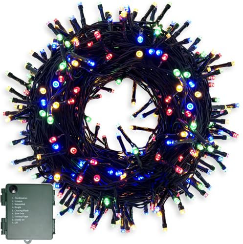 Lichterkette Batterie 200LEDs 20m LED Lichterkette Außen und Innen mit Timer, 9 Modi Lichterketten Batteriebetrieben für Weihnachten, Garten, Partys, Grünes Kabel Wasserdichte, Bunt