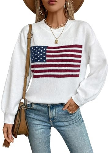 cffvdiz Frauen Crewneck Amerikanische Flagge Pullover Langarm Lose Gestreifte USA Strick Pullover Tops Herbst 2024,Weiß,S