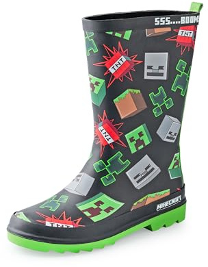 Minecraft Botas de agua para niños | Botas de agua para niños con cara de personaje de enredadera y esqueleto e estampado gráfico de bloques TNT en Negro