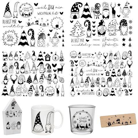 FloraVigo Rub On Sticker ca.A5 19x14cm-Abwischbare Folie für Weihnachtsdekoration, Keraflott, Zuhause, Möbel, Glas, Holz, Fotoalbum, DIY-Dekoration, Aufkleberästhetik(4PCS) (Wichtel)