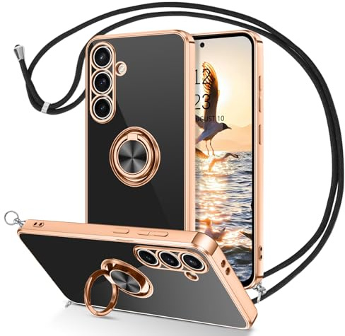 DUEDUE Coque pour Samsung S24 FE 5G Cordon avec Anneau Rotatif, Protection Caméra Souple Fine Doublure Microfibre, Coque Bague Corde Bandoulière Lanière Réglable pour Samsung Galaxy S24 FE, Noir