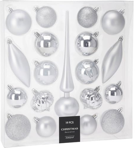 Home & Styling Weihnachtskugeln in verschiedenen Formen mit Spitze für den Weihnachtsbaum, 19er-Set, Farbe:silbern