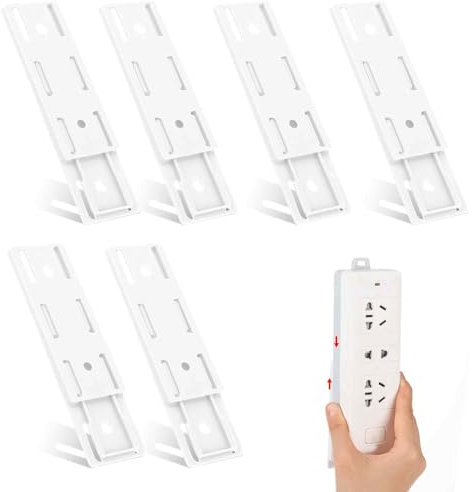 JJUNW 6 Pack Self Adhesive Power Strip Holder, White Adhesive Punch Free Socket Holder, Power Strip Holder, Desktop Mobile Punch Free Socket Holder for Kitchen Home Office and Cable Management