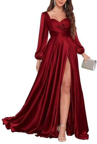 KURFACE Burgundy Bridesmaid Dresses for Wedding Party Pleated A Line Satin Long Sleeve Prom Dress with Slit UK10