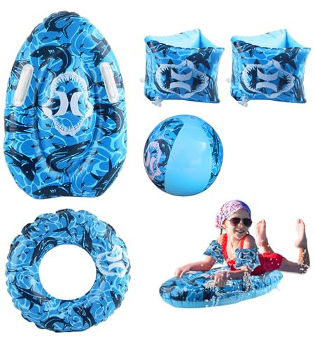 Surfbrett Aufblasbar, Dwafill 5 Stuck Schwimmbrett Kinder Aufblasbar, Surfboard für 3-14 Jahre Kinder, Luftmatratze Kinder Wasser, für Wasserpark, Schwimmbad (Hai Blau)