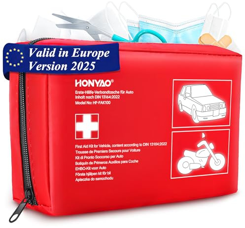 HONYAO First Aid Kit Car 2025, First Aid Kit Compliant with The Latest DIN 13164 Standard, Valid on The Continent, Medical Emergency Kit for Vehicle Truck Caravan Travel Camping