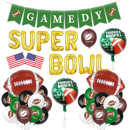 TaleMoon Super Bowl Deko,40 Stück American Football Deko,Superbowl Party Deko,Snack Stadion Dekoration Deko Set, SUPERBOWL,GAMEDAY“ Girlande,USA Flaggen, Folien-Luftballons,Luftballons