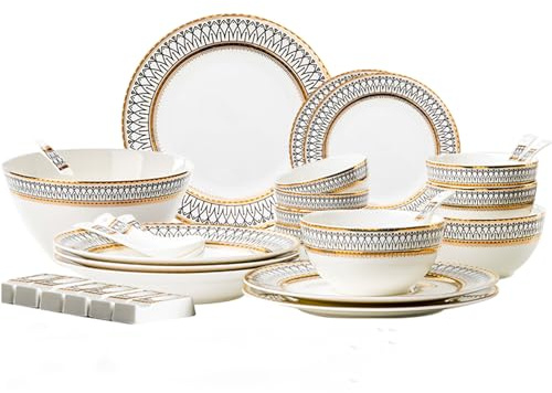Porzellangeschirr-Set, Leichtes Bone China Im Luxus-Stil, Kratzfestes Und Verschleißfestes Geschirr, Mikrowellen- Und Spülmaschinenfest, Elegantes Design Mit Goldrand (6 People)