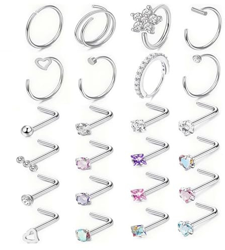 iuiiaii 24 Piece silver Nose Ring, L Shaped Nose Studs and Tragus Piercing Jewellery Suit, Bring Jewelry Noses Piercing Accessories, Fake Noses Rings Silver Can Be Women Men Gift