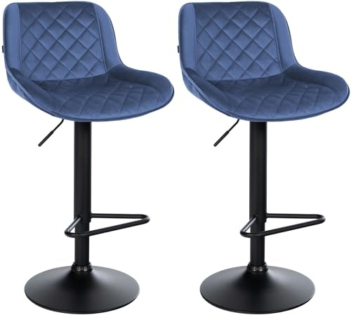CLP Barhocker 2er Set, Barstuhl Kasson höhenverstellbar und drehbar mit Rückenlehne, modern mit Fußablage und gepolsterter Sitz, Farbe: blau, Material: Samt