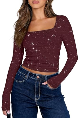 YUTILA Damen Glitzer Oberteile Kurz– Cropped Eckigem Ausschnitt Party Tops, Langarm Slim Fit Stretch Festliches Shirt Outfit