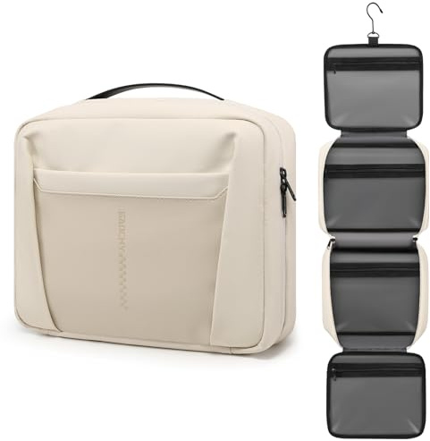 GAOCHY Trousse de Toilette Suspendue Hommes Femmes Sacs Voyage Trousse à Maquillage Imperméable Pliable Grande Capacité Sac de Toilette Format avec 5 Compartiments, Blanc Perle & Crème Rose-M