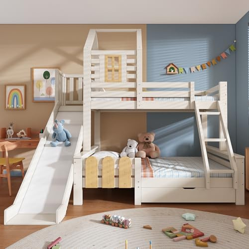 BTM Bunk Beds for Kids, Wooden Cabin Bed with Ladder and Slide, Multi-functional Children's House Bed, Twin Sleeper (90+135) x190cm, Solid Wood, White