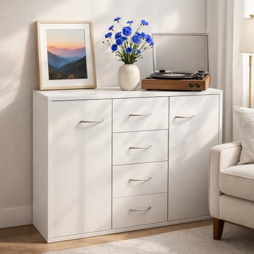 DUMOS Kommode mit 4 Schubladen, Weiß Sideboard mit Großer Kapazität, Kratzfest und wasserdicht komodenschrank, Moderne Schubladen kommoden für Wohnzimmer, Schlafzimmer & Kinderzimmer 88 x 30 x 63.5cm