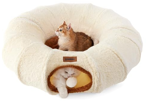 ZOMISIA 2 in 1 Katzentunnel Rund für Wohnungskatzen mit Bett, Beige | Katzenbett Tunnel, Donut Form, Plüsch Waschbares Kissen, Peekaboo Katzenspielzeug mit Katzenhöhle, für Kleine Große Katzen