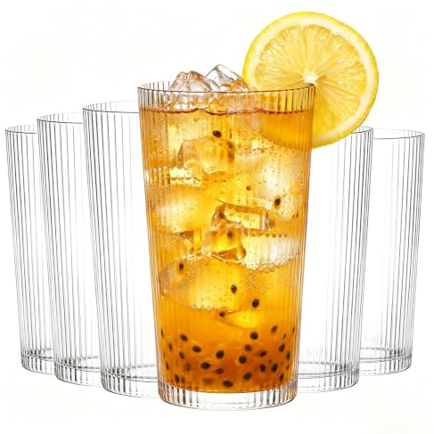 Riville Drinkwar Lot de 6 verres côtelés en verre vintage de 390 ml, verres highball, café glacé et cocktail, verres transparents pour eau, jus, whisky, bière