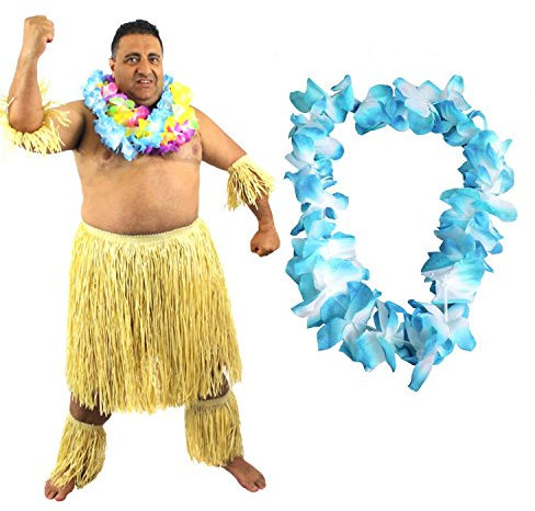 I LOVE FANCY DRESS LTD Hawaiianer SÜDSEE Zulu KÄMPFER KOSTÜM VERKLEIDUNG=6 TEILIG=1 Blaue LEI/BLUMENKETTE+2 Bein Stulpen+2 ARM Stulpen+BASTROCK= HÜFTUMFANG UNGEFÄR -81-142cm+LÄNGE UNGEFÄHR - 58cm