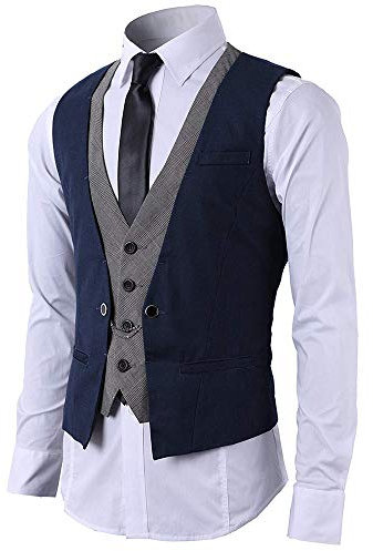 STTLZMC Gilet Uomo Slim Fit Elegante Casual Smanicato Scollo a V Panciotto Matrimonio Corpetto 2in1 Blazer(Niente Camicia),Blu,Medium