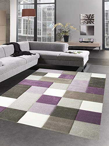 CARPETIA Moderner Teppich Kurzflor Teppich Karo Pastell lila beige Creme braun Größe 200 x 290 cm